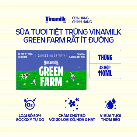 Thùng 48 hộp Sữa tươi Tiệt Trùng Vinamilk Green Farm rất ít đường 110ml